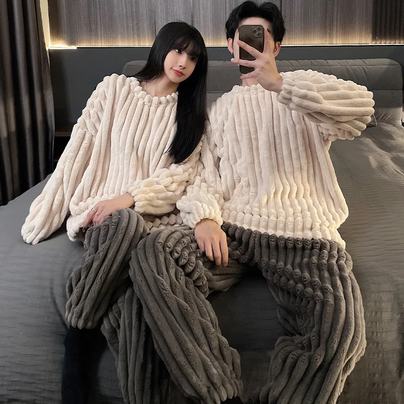 Couple Pullover Winter Thickened Flannel Pajamas Women Cute Cartoon Coral Velvet Men\'s Home Suit Warm Stripe Oversize Pajamas