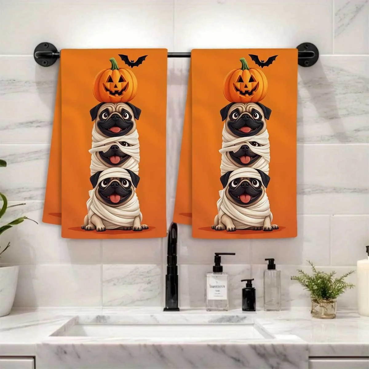 2Pcs Halloween Pug Mummy Pattern Kitchen Towels, Soft Absorbent Dishtowels, Festive Cooking & Farmhouse Bathroom Decor