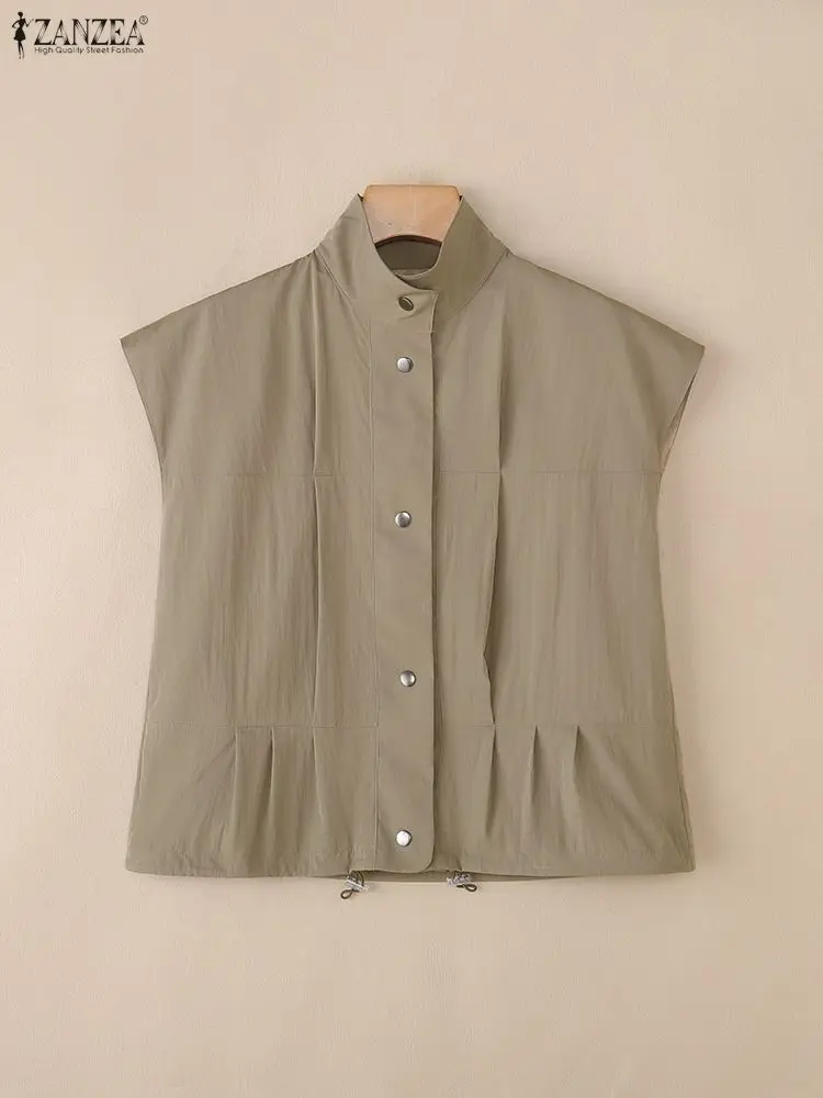 ZANZEA سترات نسائية عصرية ذات ثنيات وياقة مقلوبة وأكمام قصيرة وأزرار علوية بلون سادة وحاشية برباط صدريات نسائية