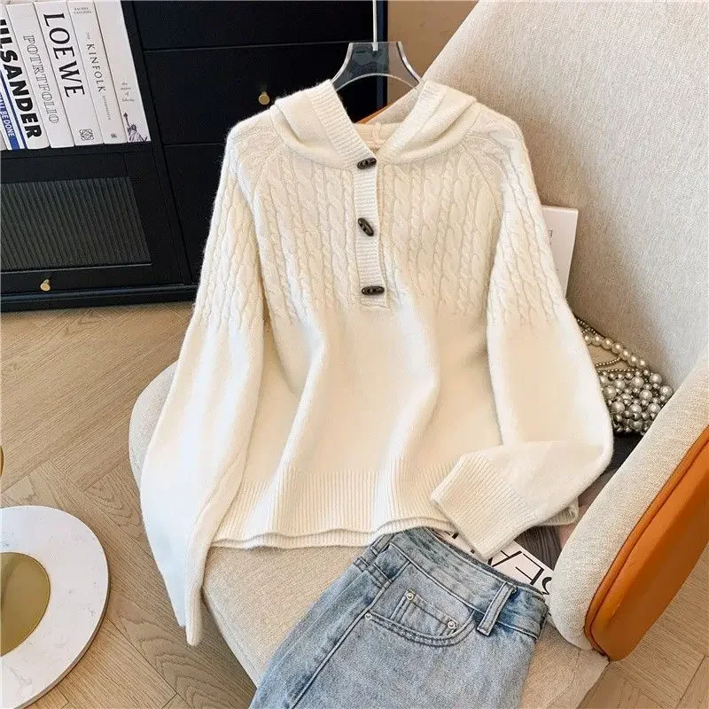 

Autumn Winter And Spring New Vintage Cow Horn Button Hooded Fried Dough Twists Knitted Sweater Coat Backing Slouchy Wool Knit