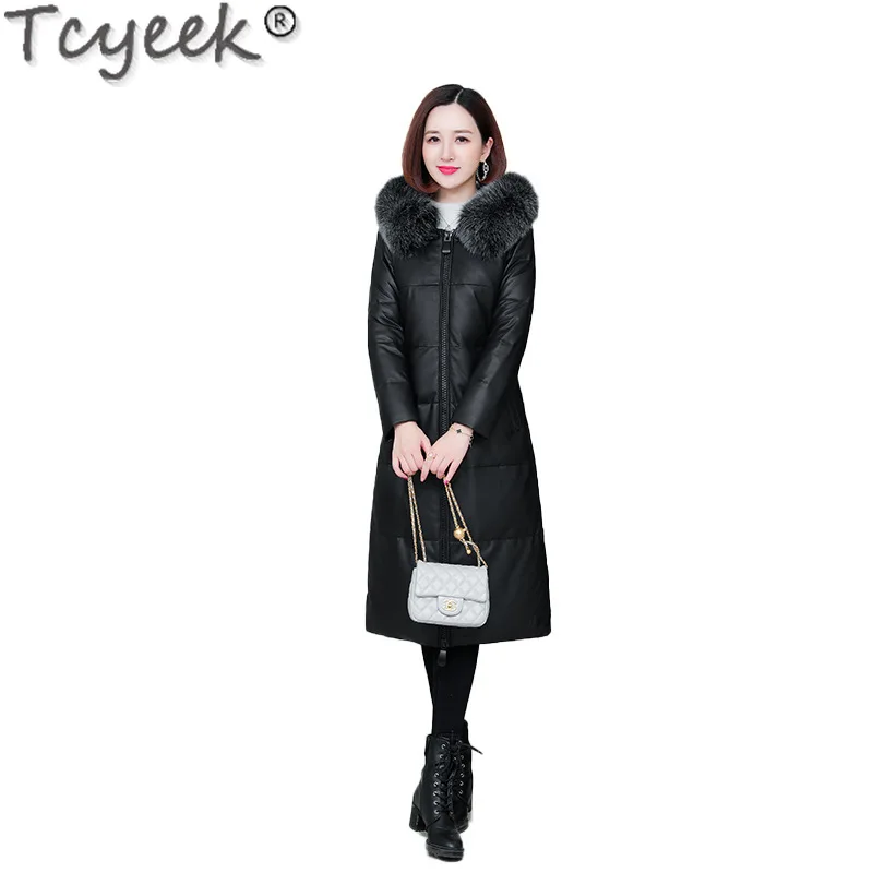 Tcyeek, chaqueta de plumón de cuero genuino, chaquetas de invierno para mujer, abrigo de piel de oveja de longitud media con cuello de piel de zorro cálido, ropa para mujer con capucha