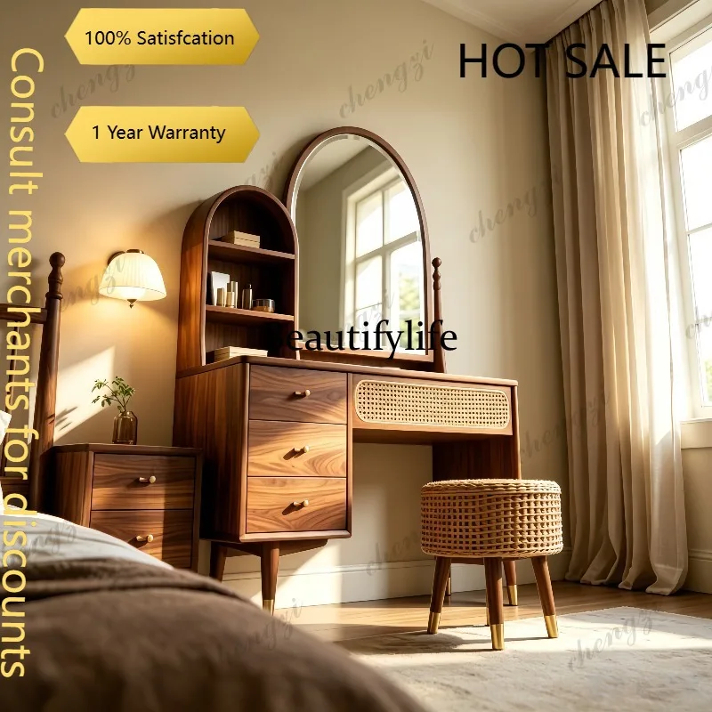 CC Retro solid wood dresser with mirror storage cabinet rattan makeup table ash wood bedroom furniture