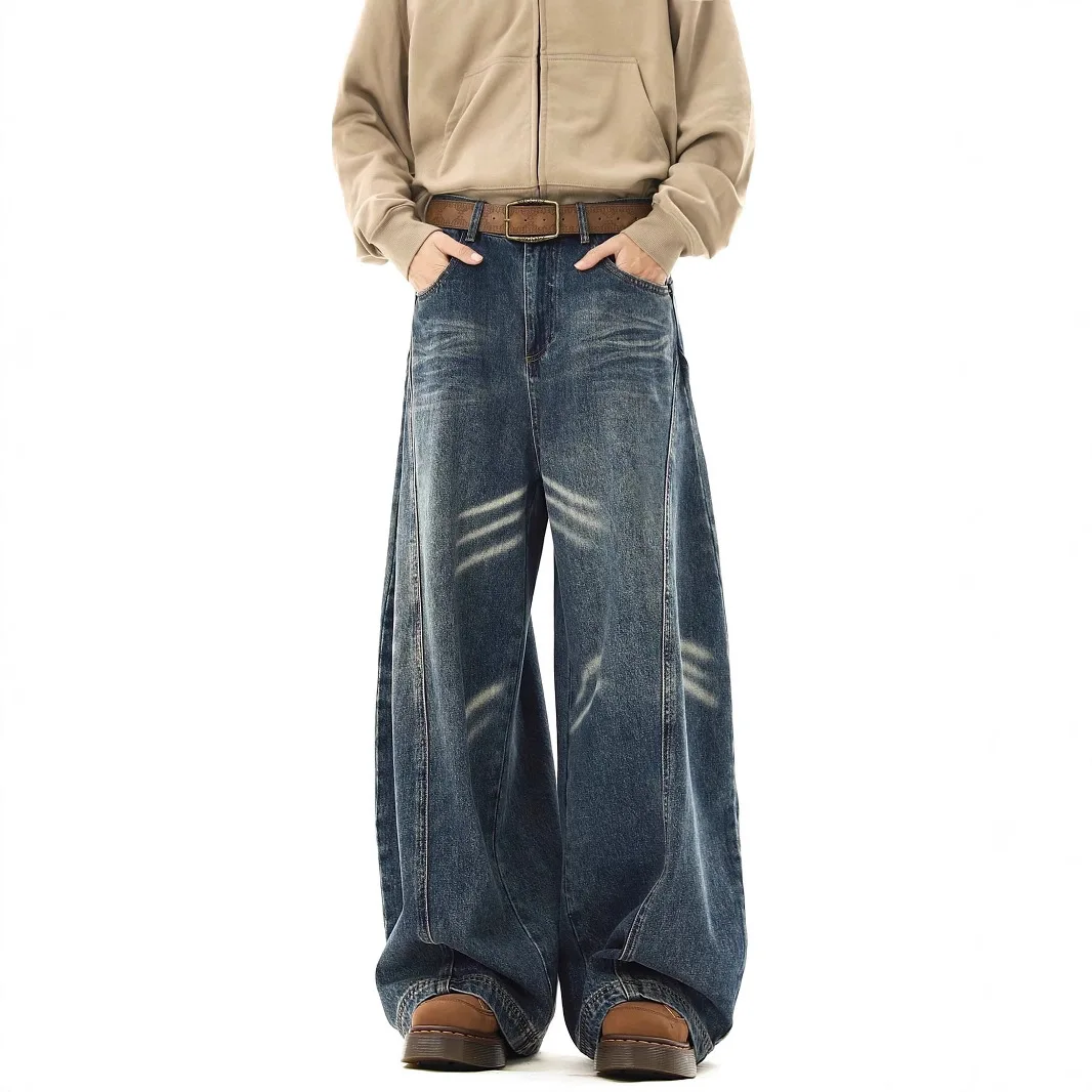 

2025 Spring and Autumn American retro scimitar jeans men's high street loose design cleanfit straight wide-leg trousers