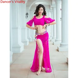 Belly Dance Practice Training Clothes Cut out Lace Splicing Top Skirt Set Women Oriental Indian Dancing Beginners Stage Wear