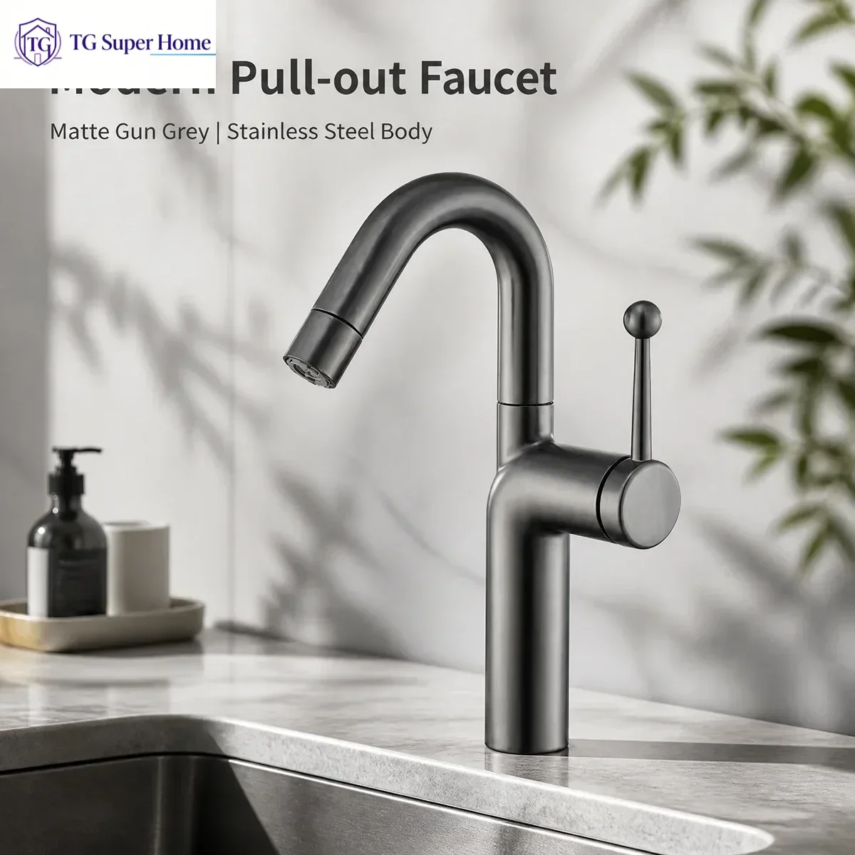 Gun gray draw Lamian Noodles basin faucet made of stainless steel can draw out faucet 360 ° rotating bathroom basin cold and hot