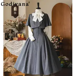 Original Vintage Elegant Long Dress Women's High Waist Slim Fit Skirt and Short Caot Long Sleeve Shirt Set Lolita Outfits 2025
