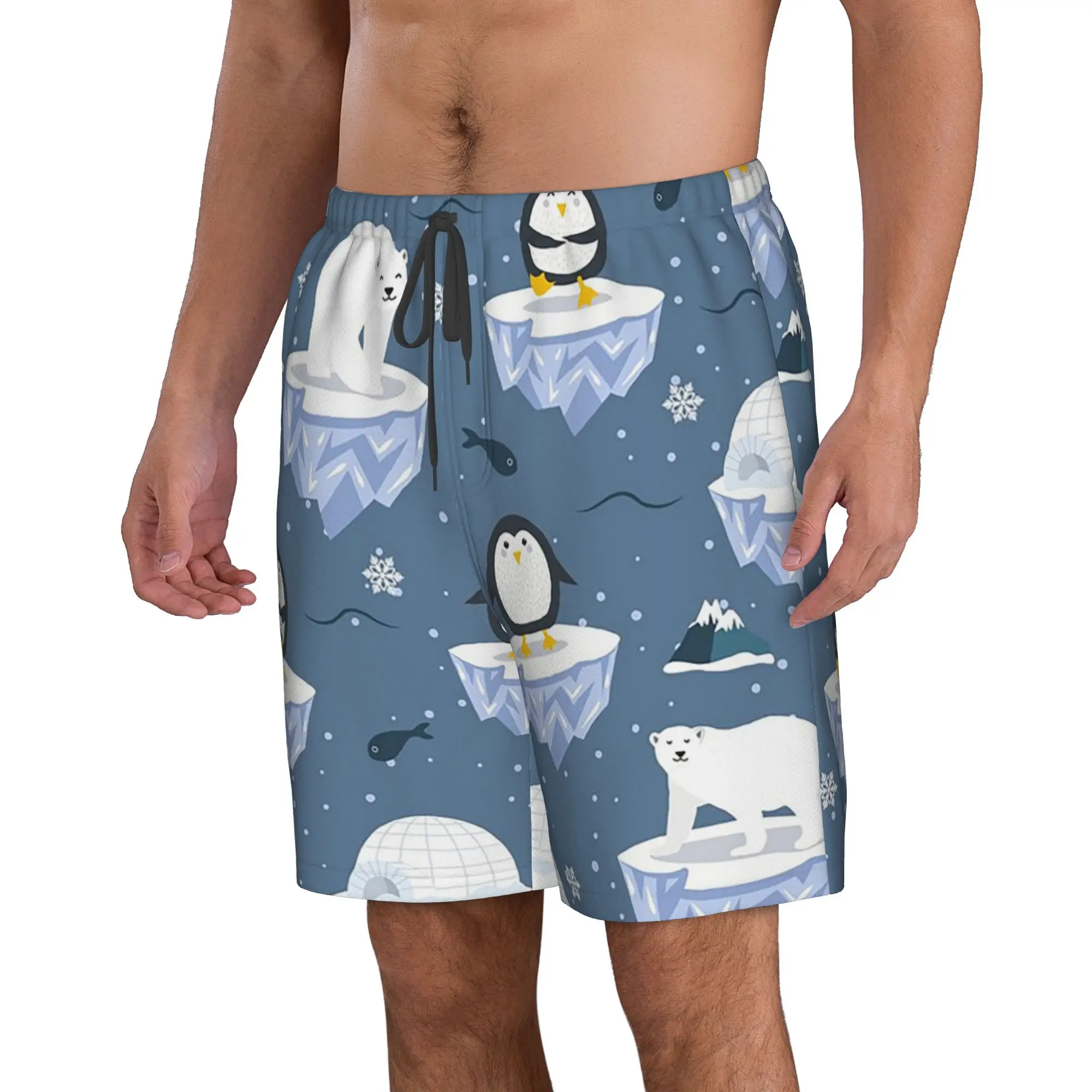 Polar Penguin Ice Surface Penguin Pattern Trunks Beach Board Shorts Casual Quick Dry Swimming Summer Men Pants
