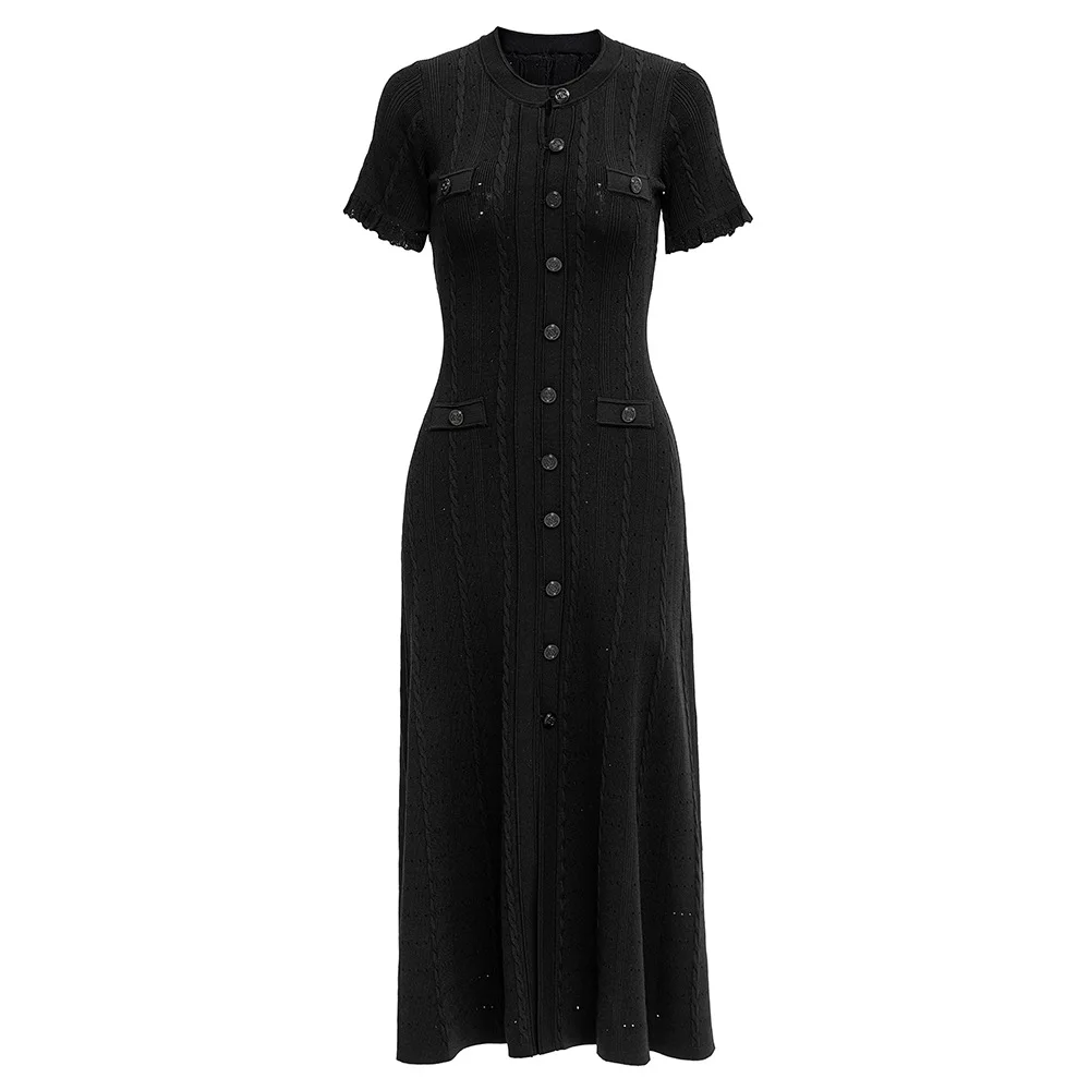 Zomerse elegante dames gebreide enkelknoops lange jurken, effen, korte mouwen, O-hals, knoop, bodycon, feestjurk, damesjurken