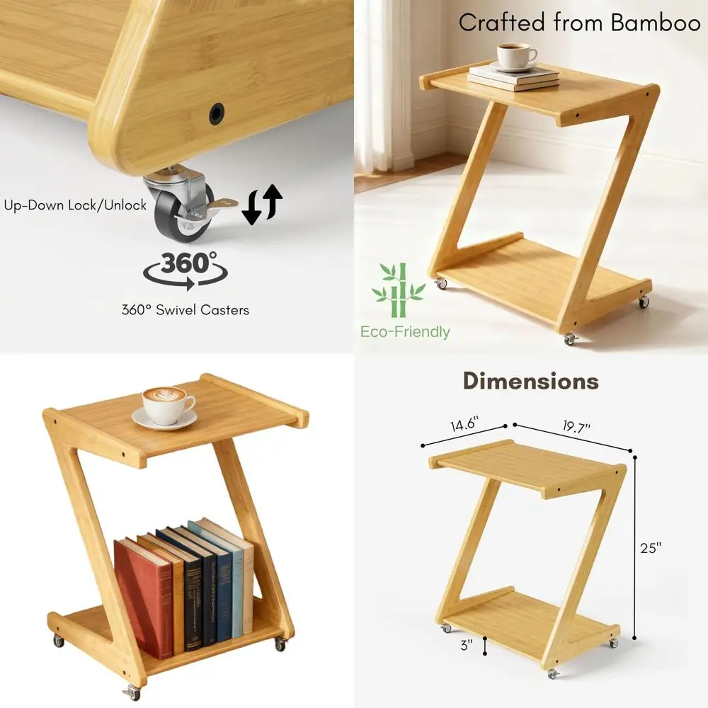 

Передвижной бамбуковый столик на колесиках, Z-образный поднос для телевизора для гостиной, дивана, мобильного ноутбука, для еды, кофе, закусок