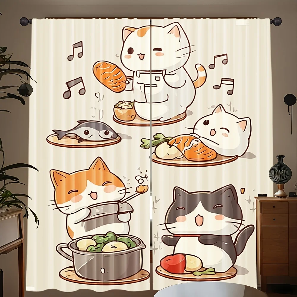 Cute Cartoon Cat Curtain Cooking Cat Print Drapes, Funny Animal Food PatternWindow Curtains Kitchen Kids RoomDecorMultiple Sizes