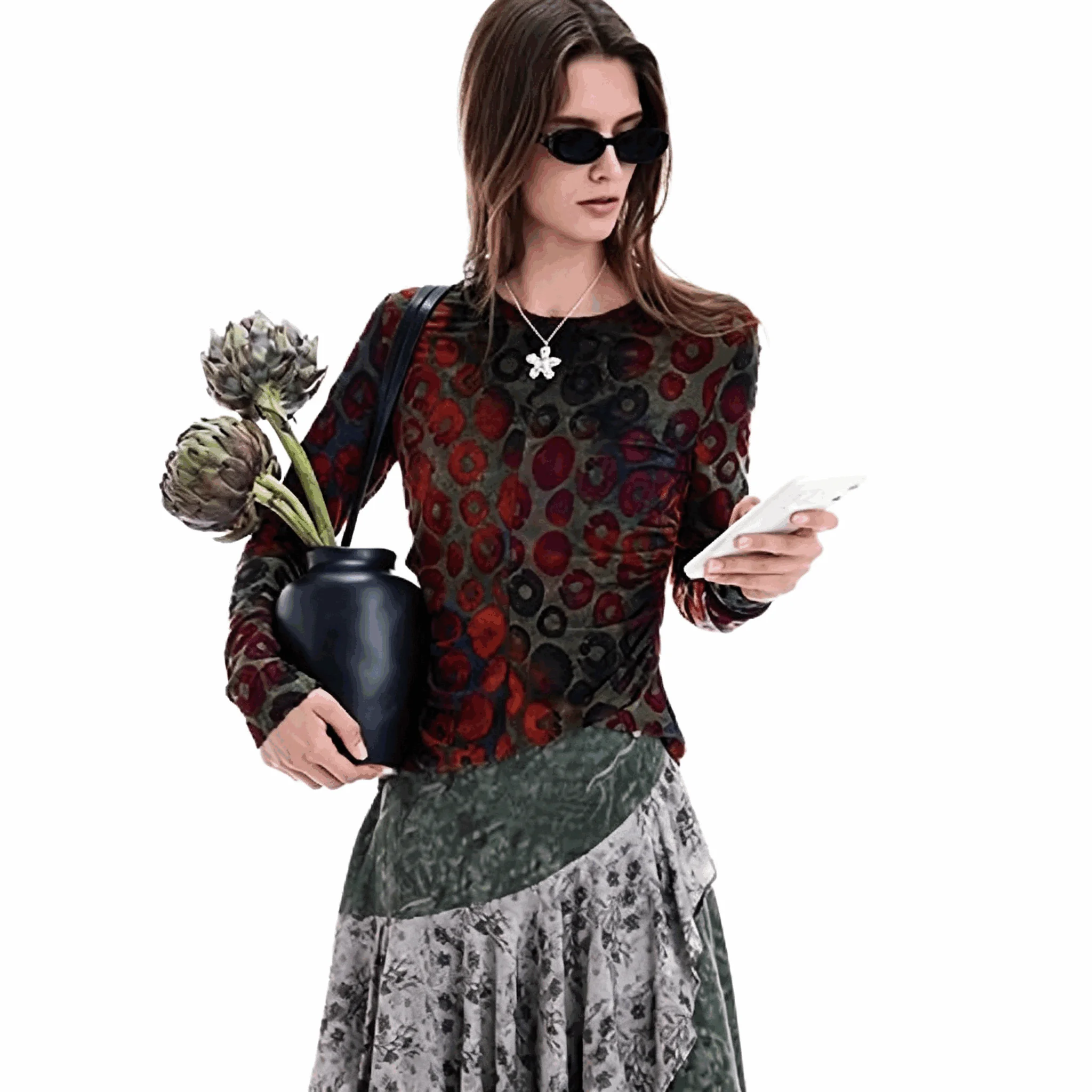 Foreign Trade Spain Original Single Women's T-shirt Long Sleeve Embroidered Printed Elastic Top New Product