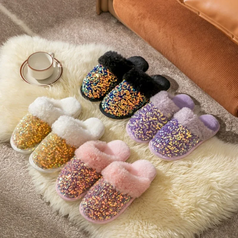Bling Sequins Home Fur Slippers Women Winter Warm Plush Flat Cotton Floor Shoes Woman Indoor Bedroom Soft Sole Fluffy Slippers