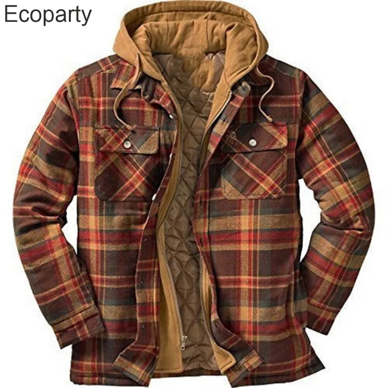 Men Winter Jackets Harajuku Plaid Shirts Coats Hooded Zipper Long Sleeve Basic Casual Shirts Jackets European Style Size S-5XL