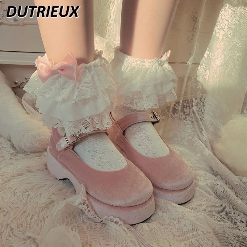 Lolita Kawaii Short Socks for Girl Cute Pink Lace Bow Cotton Bunching Socks Women Spring Summer Beautiful Fairy Lace White Socks