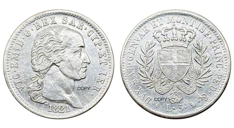 Moedas Comemorativas Banhadas a Prata (Cópia) - 5 Lire dos Estados Italianos de 1821 - Vitor Emmanuel I, Reino de Piemonte e Sardenha