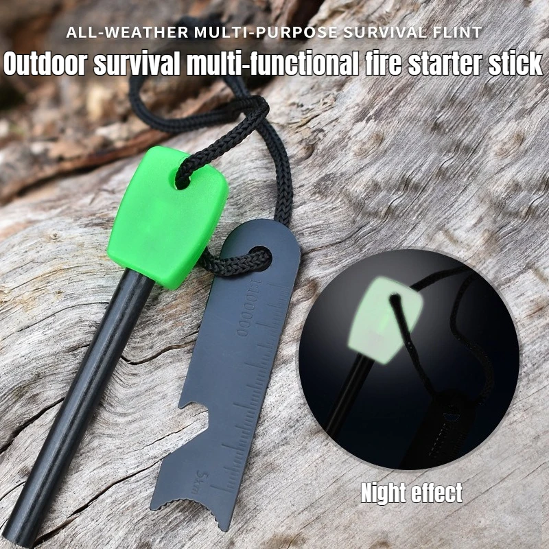 Outdoor Survival Flint Fire Starter | Wooden Handle Multi-Tool , Luminous Waterproof Fire Stick for Camping Hiking Adventure