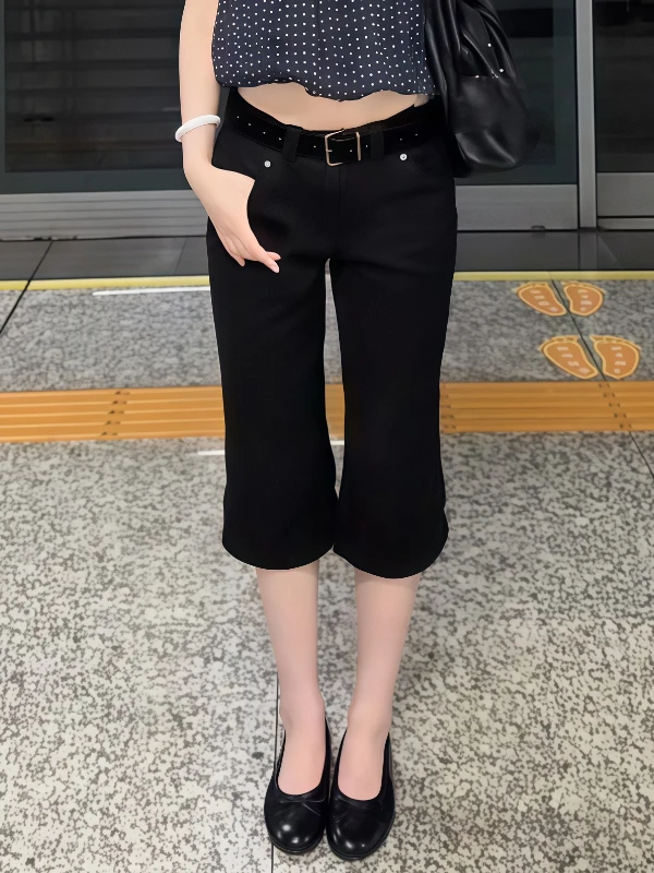 American Retro Low Waist Early Seven-Quarter Black Capri Pants Women Summer Millennium Hot Girl Slimming Micro Flared Medium-...