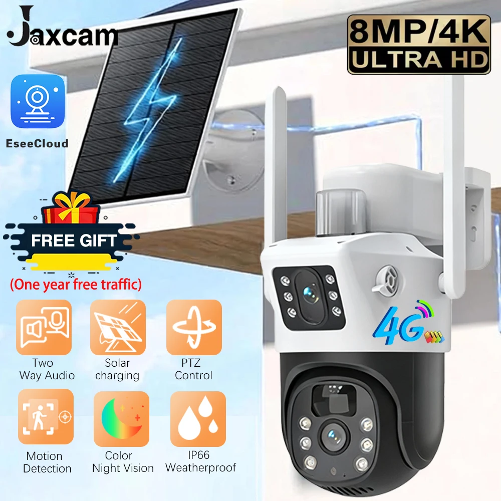 

8MP 4K Solar Power Battery Camera IP PTZ Dual Lens 4G SIM Card Lifetime Motion Detection Color Night Vision Outdoor Cam