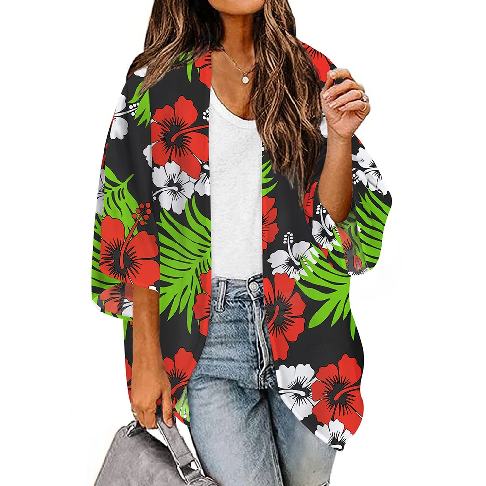 Casual Loose Cardigan Cover Up Summer Floral Printed Puff Sleeve Chiffon Kimono Blouse Tops Cropped Cardigans For Women Top Tee