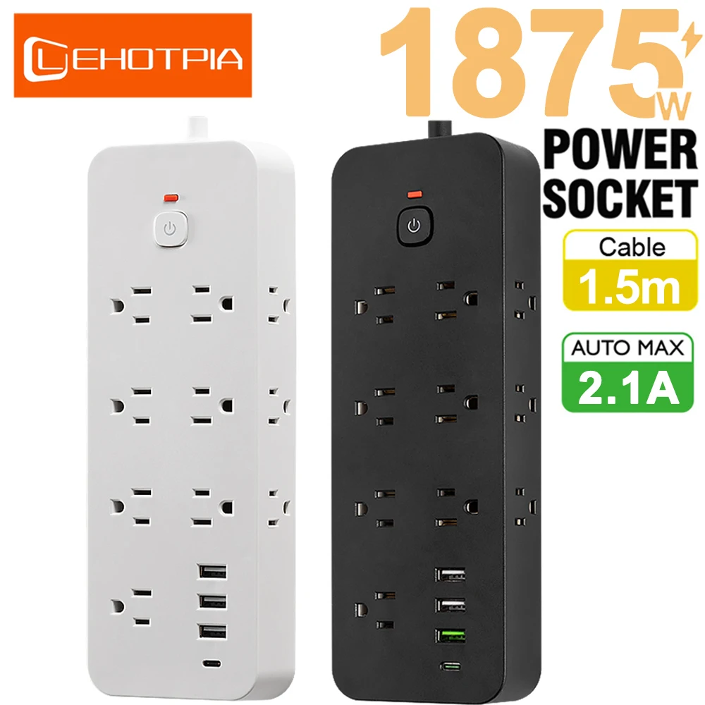 US 14 AC Plug Power Strip Wall Mounted Main Control Switch Power Socket 3 USB Port 1 Type C Port Charging Network Filter Adapter