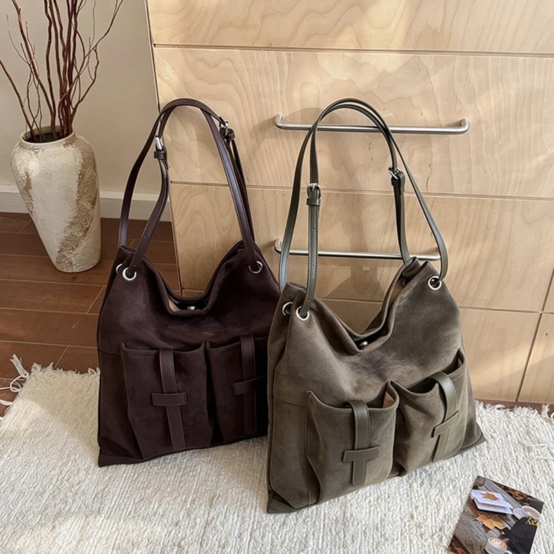 Women Suede Hobo Tote Bag Large Capacity Multi‑Pocket Design Ladies Vintage Shoulder Purse Casual Crossbody Bag
