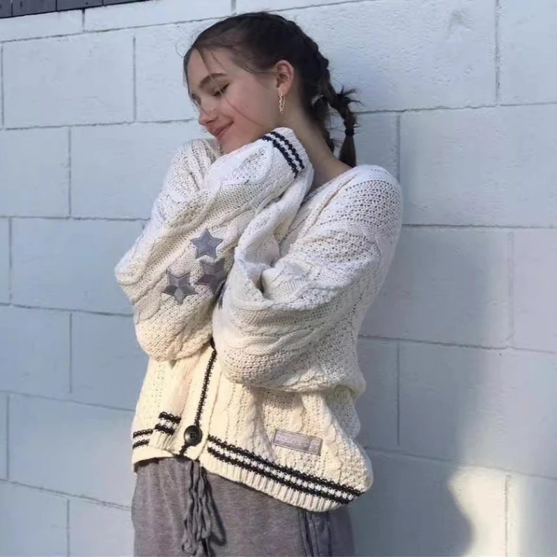 

Spring Autumn Jacket Embroidery Knit Cardigan Oversized Coat V-Neck Luxury Design Women Clothing Coat Long Sleeve Top Streetwear