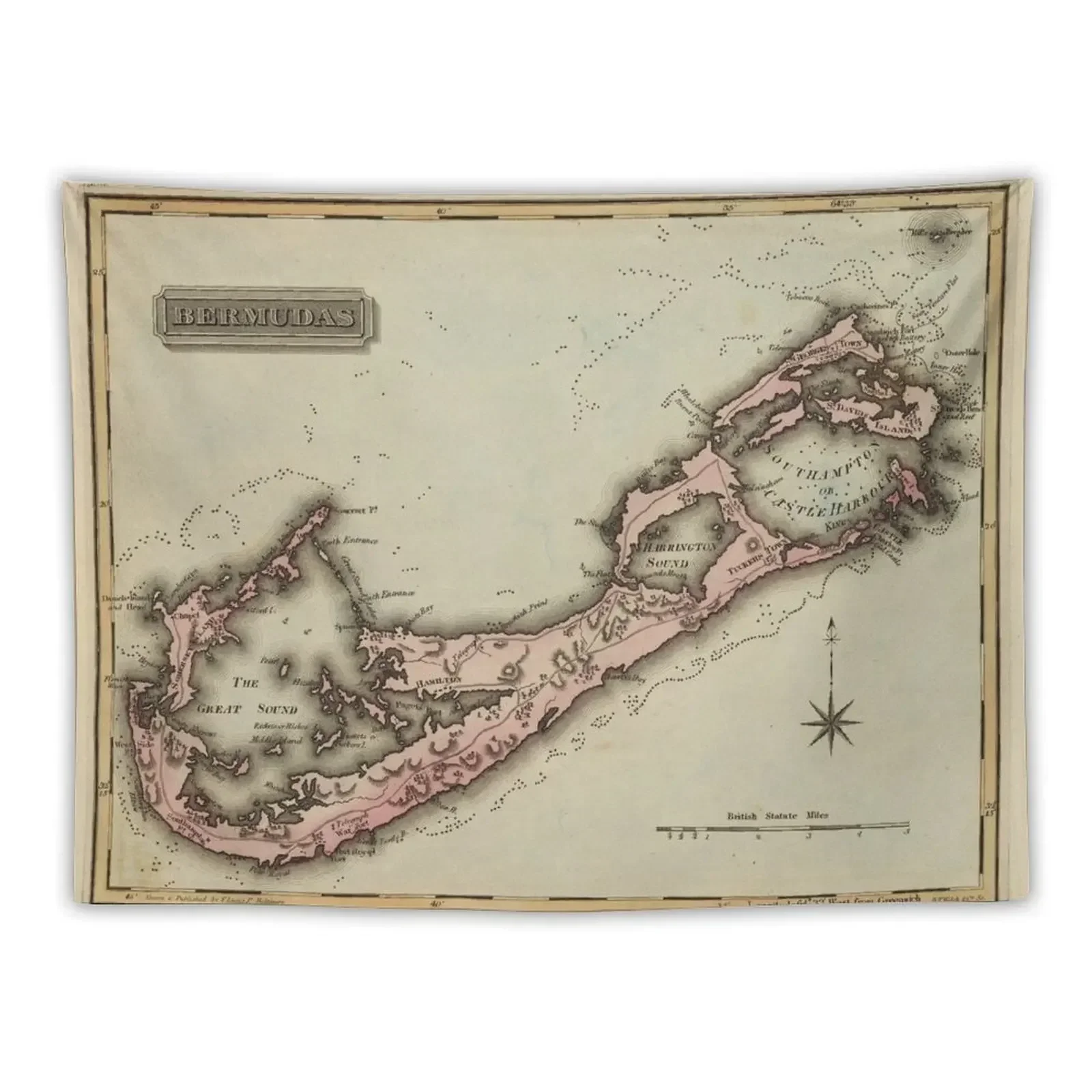 Vintage Map of Bermuda (1823) Tapestry Room Decoration Aesthetic Decorations For Your Bedroom Decor Home Tapestry