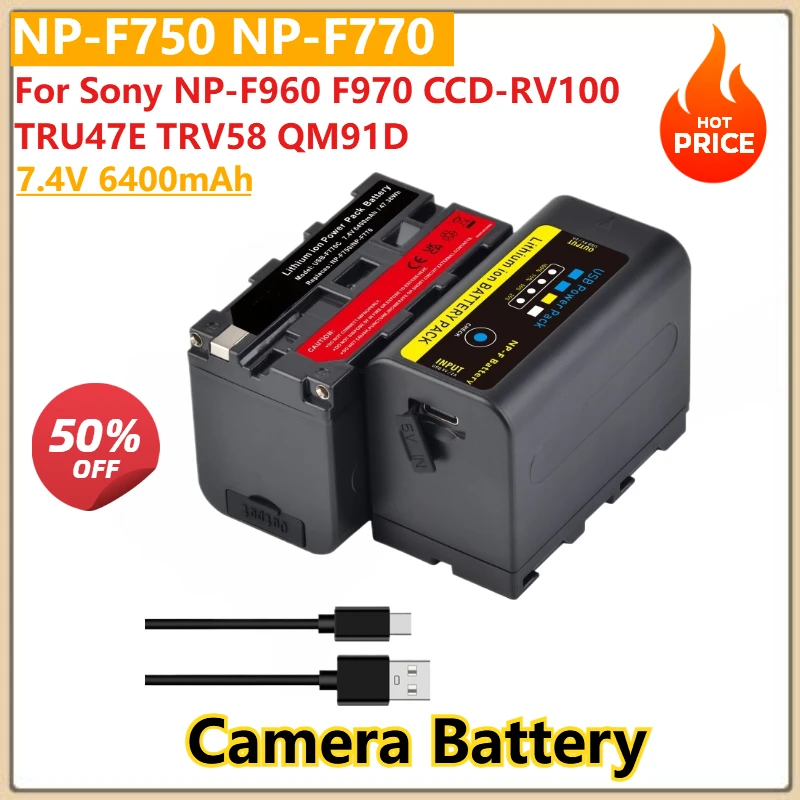 

6400mAh NP-F750 NP-F770 Battery For Sony NP-F960 F970 CCD-RV100 TRU47E TRV58 QM91D Camera with Built-in Type-C Fast Charge Port