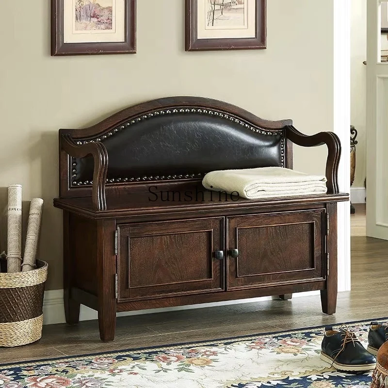 American solid wood shoe change stool with backrest drawer home door can sit shoe stool