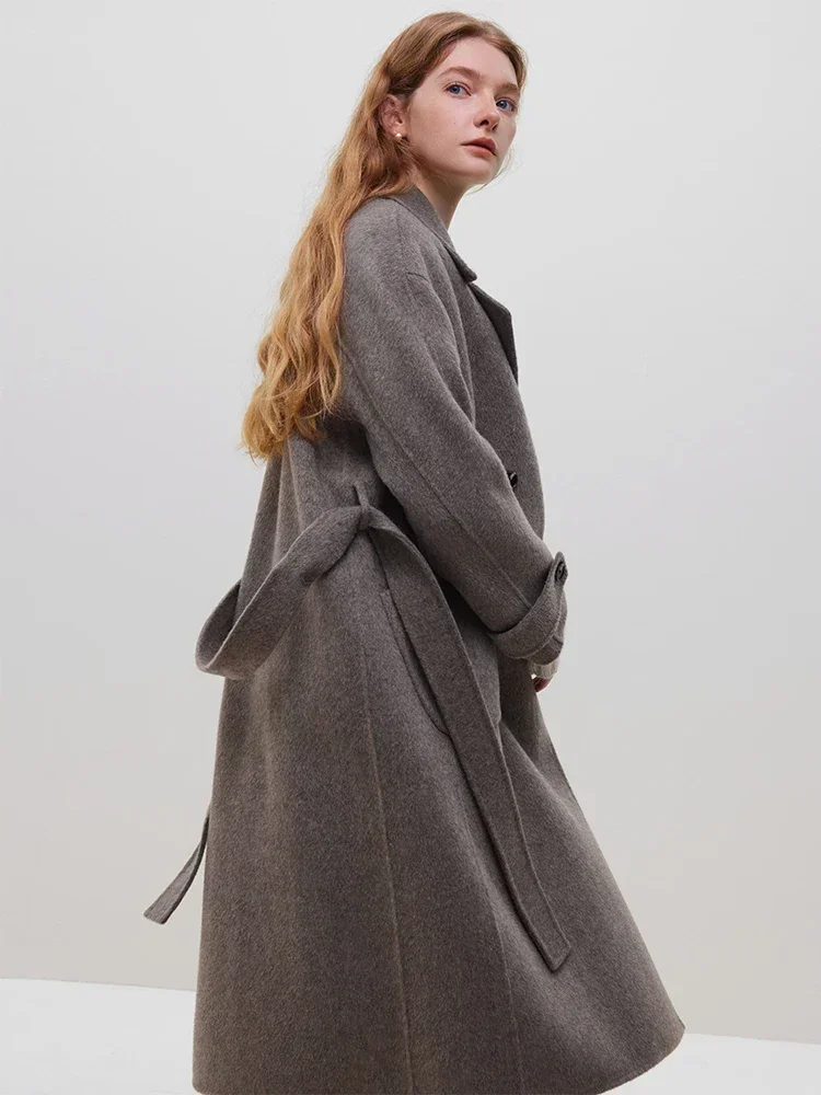 FSLE 100% Wool Lapel Collar Notched Collar Long Woolen Coat Double Breasted Drop Sleeve Women Temperament Grey Mid-Length Jacket