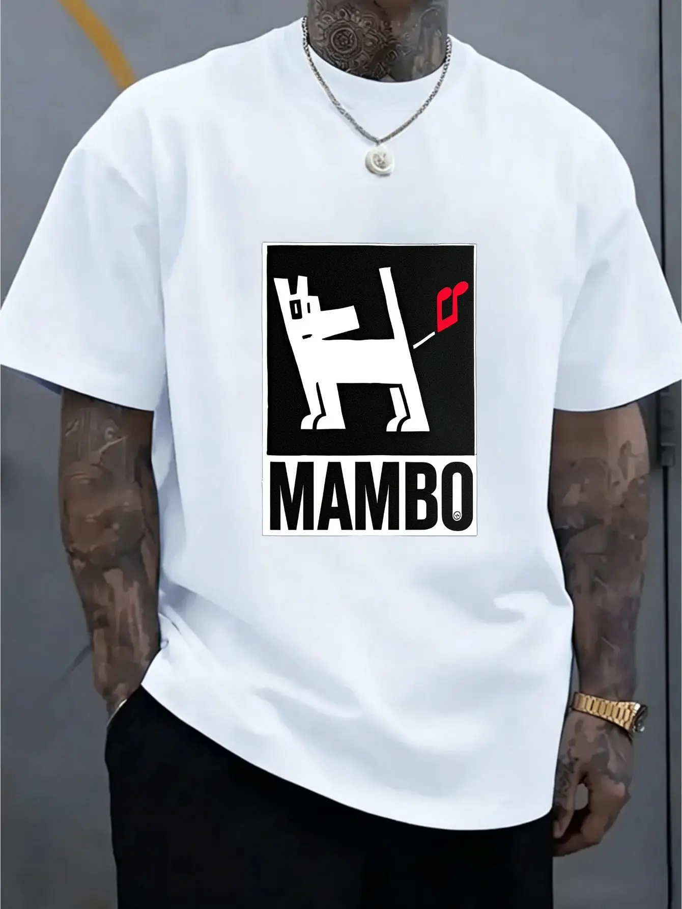 Male Mambo Cartoon Dog Music Note Print Tee Light Cotton Loose Short Sleeve Skate Hip Hop Fashion Top Daily Travel Street Casual