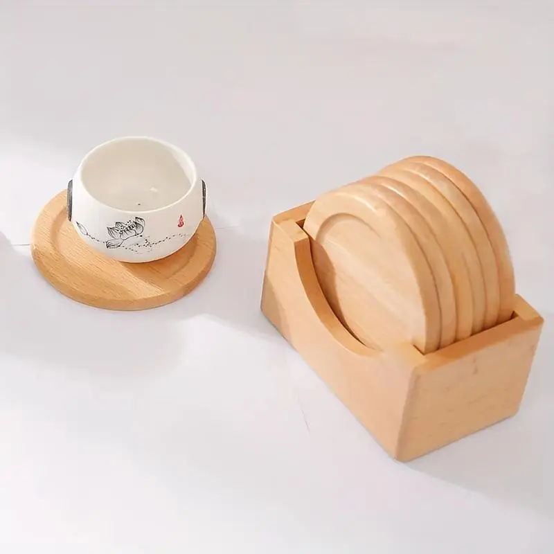 Untersetzer-Set aus natürlichem Buchenholz, hitzebeständig, mit Aufbewahrungshalter für den täglichen Gebrauch in Küche und Haushalt – Detail 8
