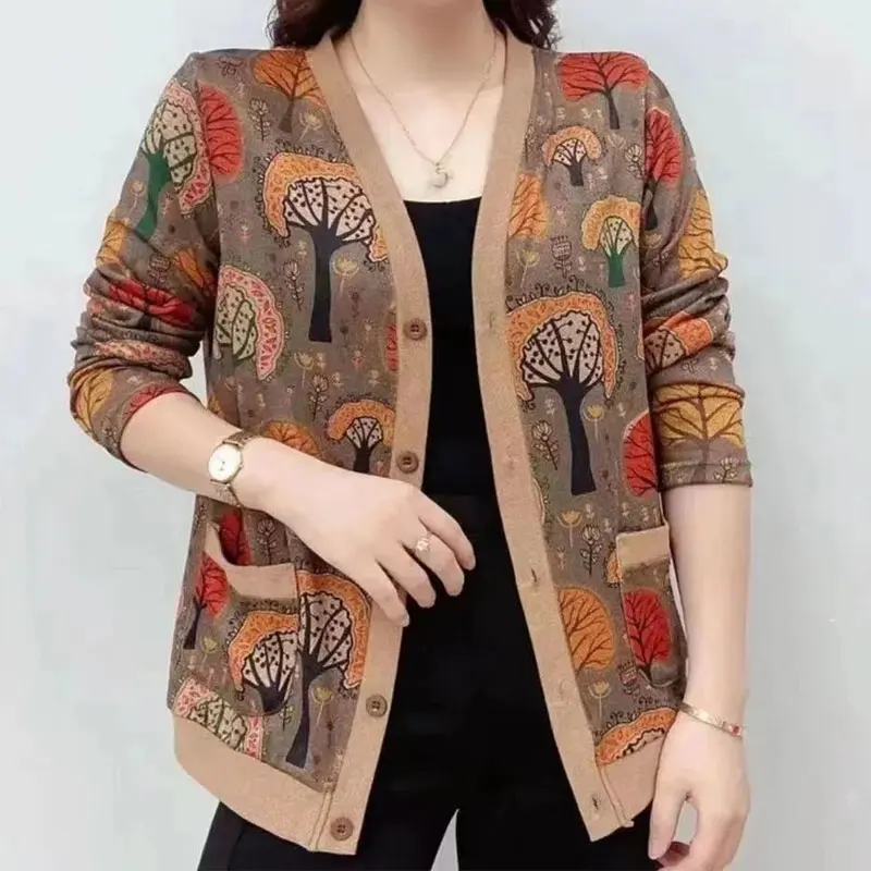 Cárdigan informal elegante con cuello en V para mujer, suéter de punto con estampado de dibujos animados de plantas, ropa de otoño e invierno