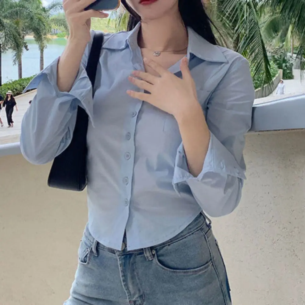 

Женская блуза с отложным воротником, длинным рукавом, на пуговицах