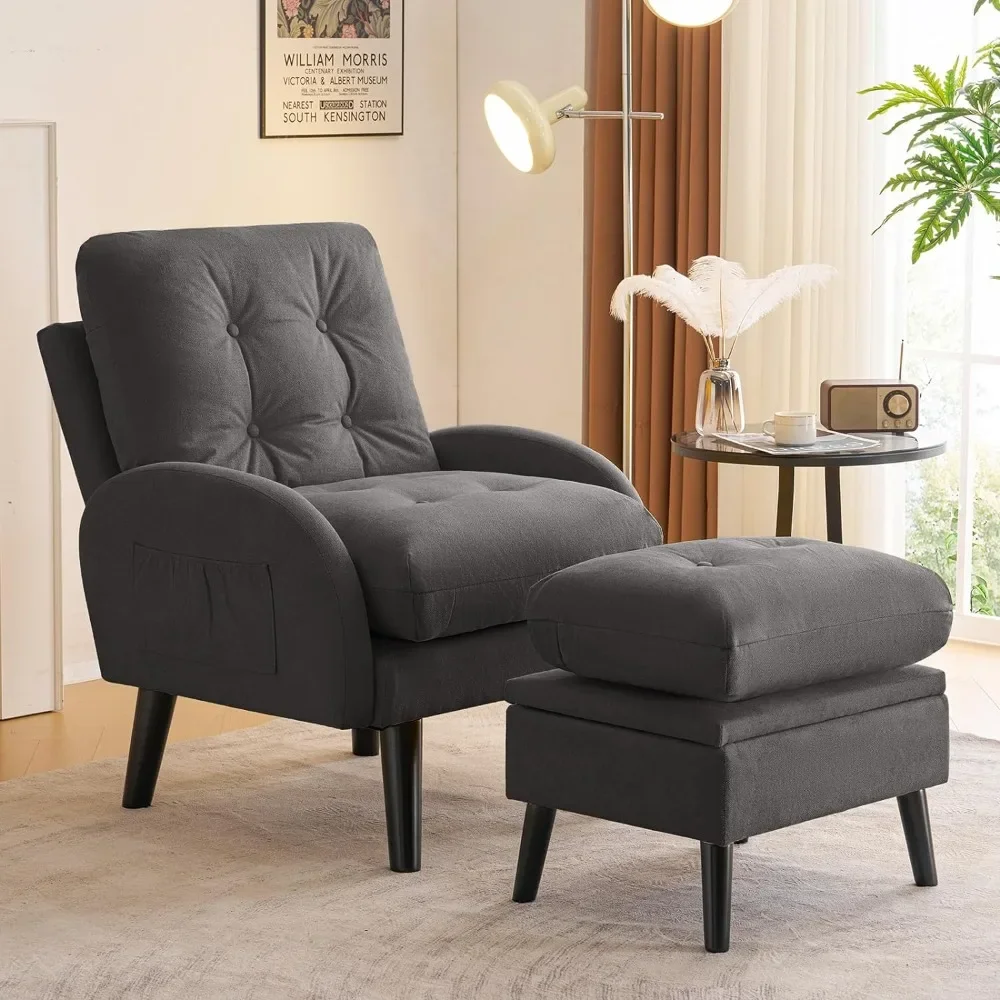 Living Room Chair with Ottoman, Upholstered, Adjustable Backrest&Storage Footrest, Lazy Reading Living Room Chair