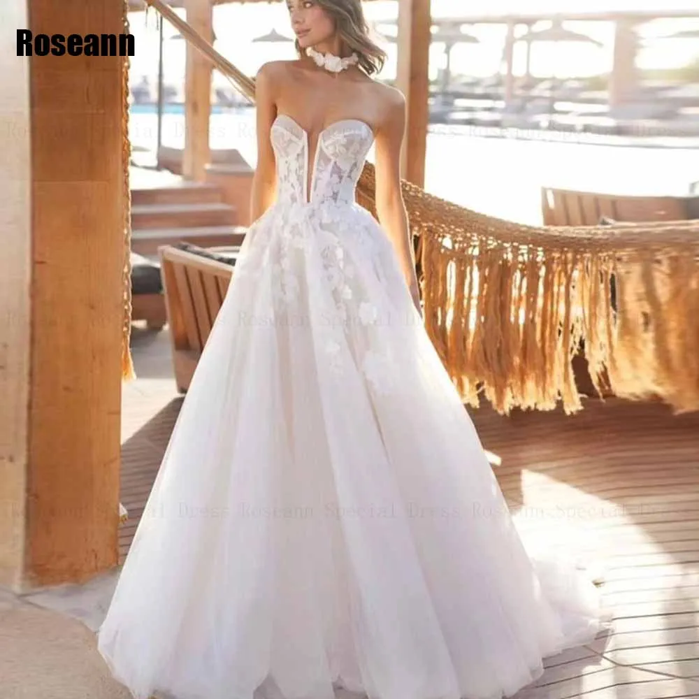 

Simple A-line Wedding Dress Strapless Applique Sleeveless Lace Draped Pleat Open Back Bride Dresses Floor Length robe de mariée