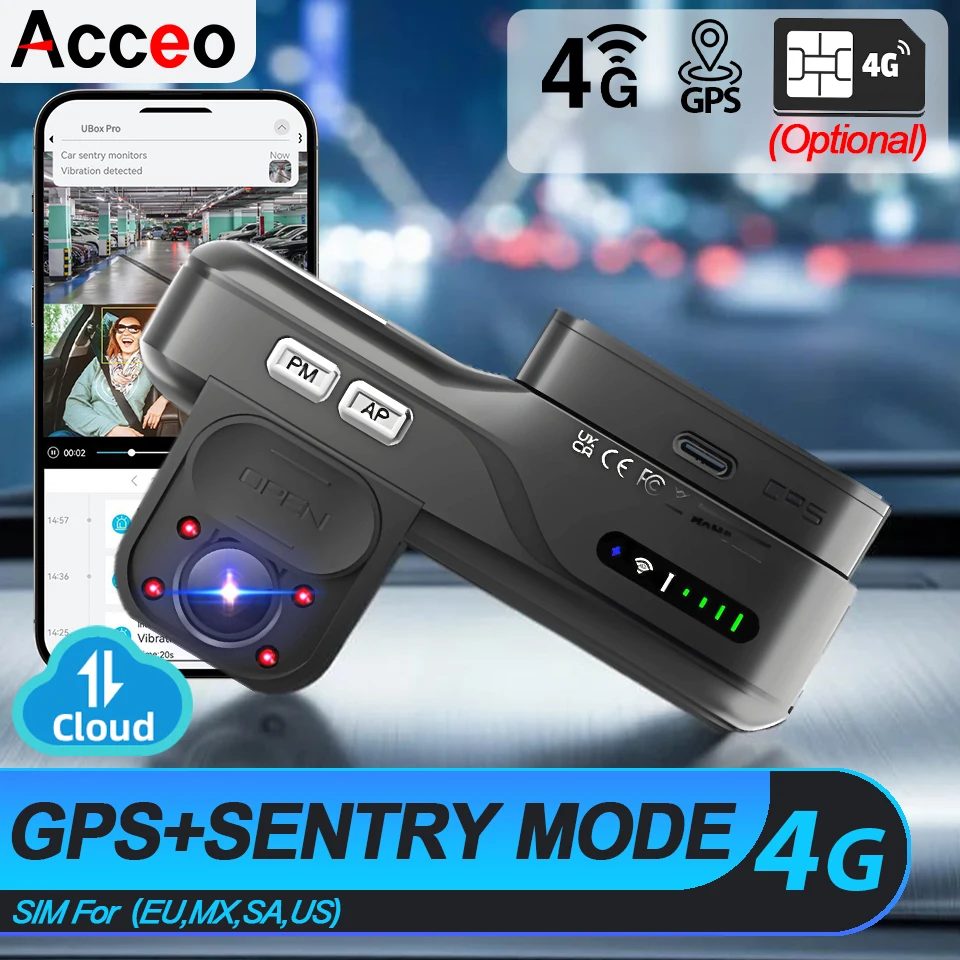 

Acceo 4G LTE Dash Cam with GPS Tracking Remote Live View Front and Interior 24H Parking Mode IR Night Vision Car Security Camera