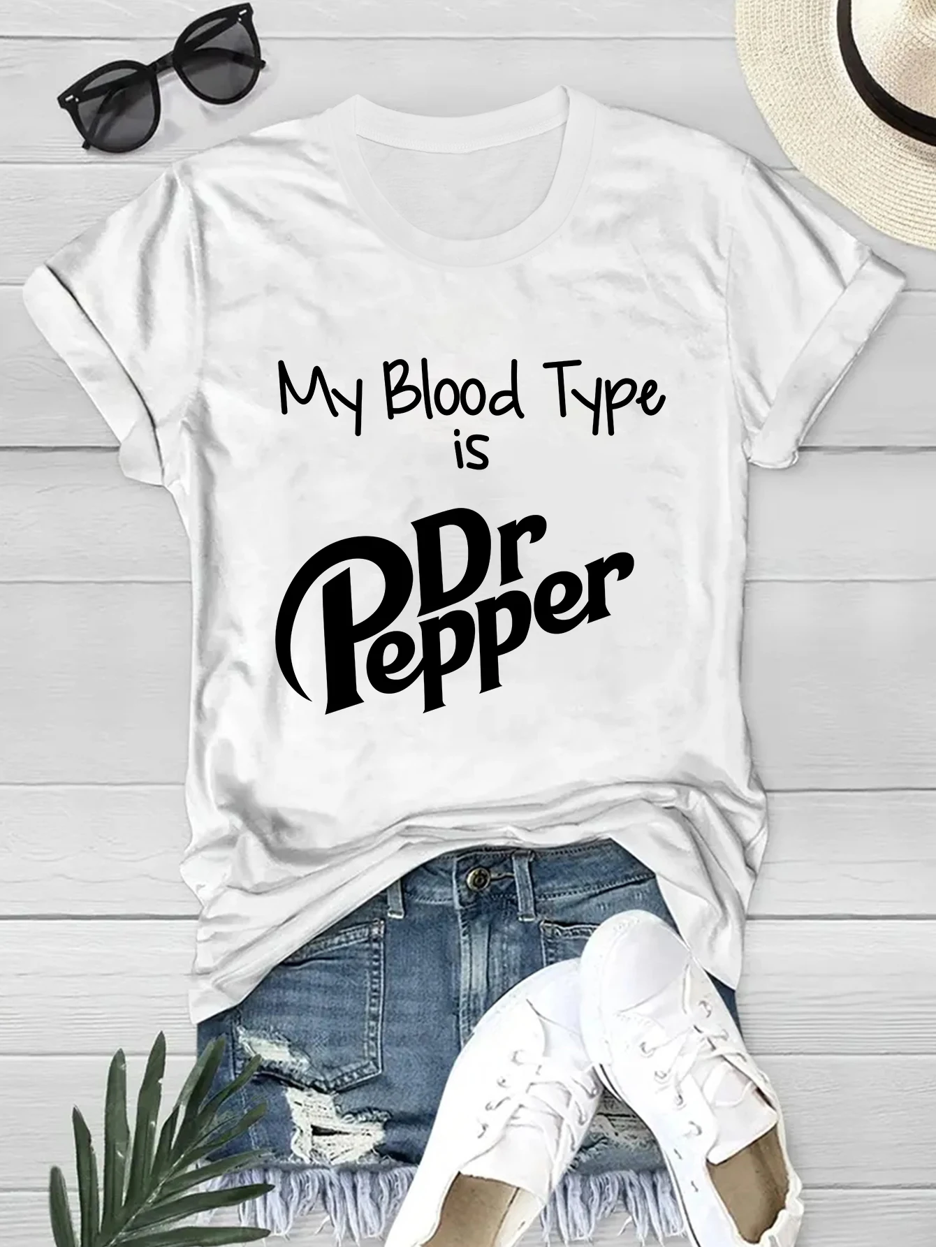 My Blood Type Is Dr Pepper Letter Print T-Shirt, Short Sleeve Crew Neck Casual Top For Summer & Spring, Women's Clothing