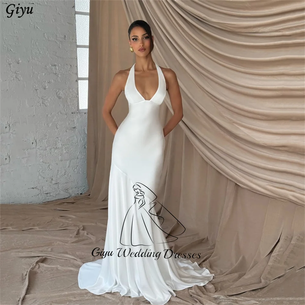 Giyu Elegant Mermaid Halter Wedding Dresses For Woman Customized Bridal Gown Sleeveless Ivory Floor Length Vestidos Novias Boda