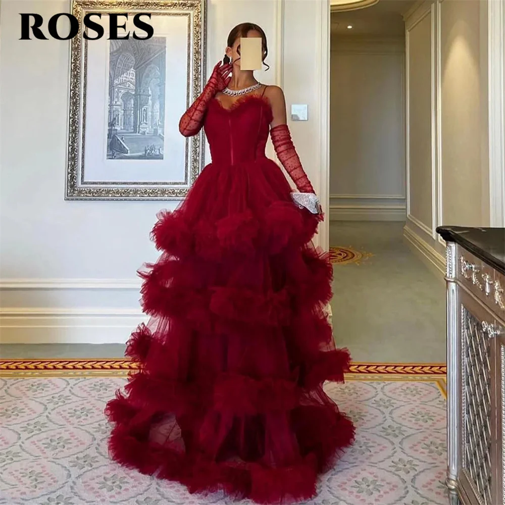 ROSES Dusty Pink Elegant Prom Dress Tulle Sweetheart Formal Gown Pleats Tiered A-Line Off the Shoulder Evening Dress Customized