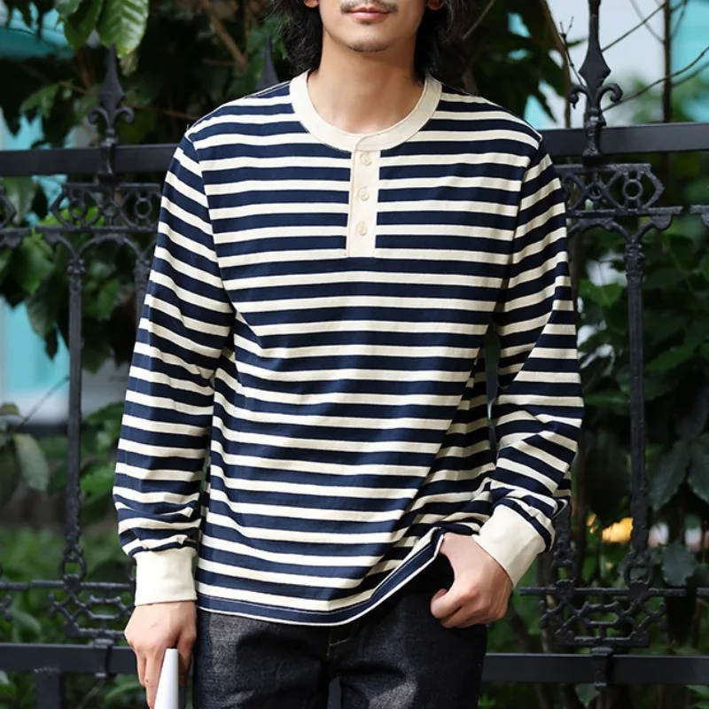 230g Heavy Long Sleeved Striped Henry Collar T-shirt Men Deck Sea Soul Shirt Japanese Casual Straight Pullover T-shirt Dailywear