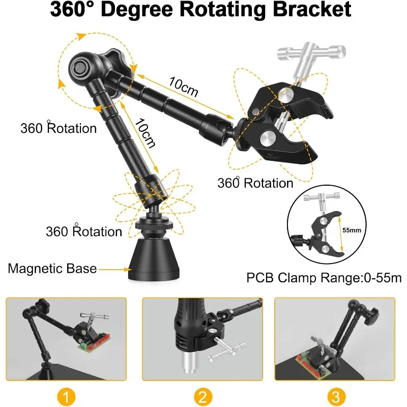 Helping Hands Soldering Third Hand, PCB Circuit Board Holder with 3X LED Magnifying Lamp, 360 Hot Air Gun Holder,