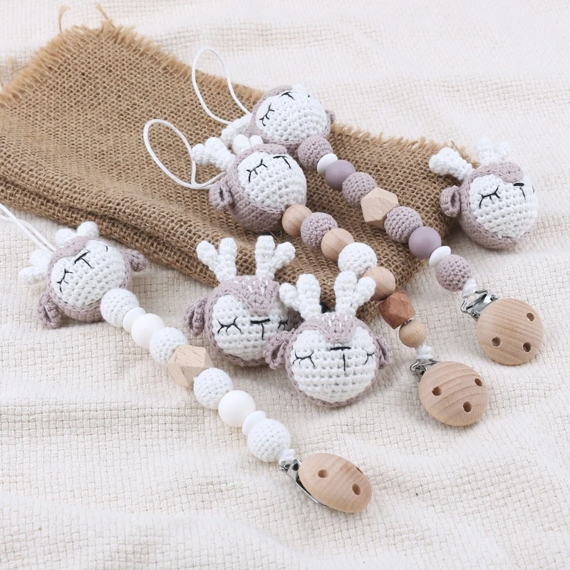 Crochet Deer ciuccio catena Clip di perline supporto per succhietto per allattamento Clip da masticare per bambini giocattolo Clip fittizia per bambini regalo per doccia per neonati