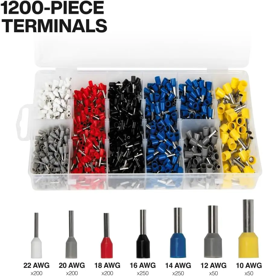 Ratcheting Square Crimper Pliers Set with 1200 Terminals and Soft Case for Electrical Work