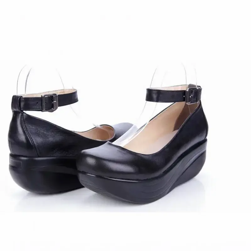 TIMETANG New Women\'s Genuine Leather Platform Shoes Wedges Black Lady Casual Shoes Swing High Heels shoe Plus Size 34-43