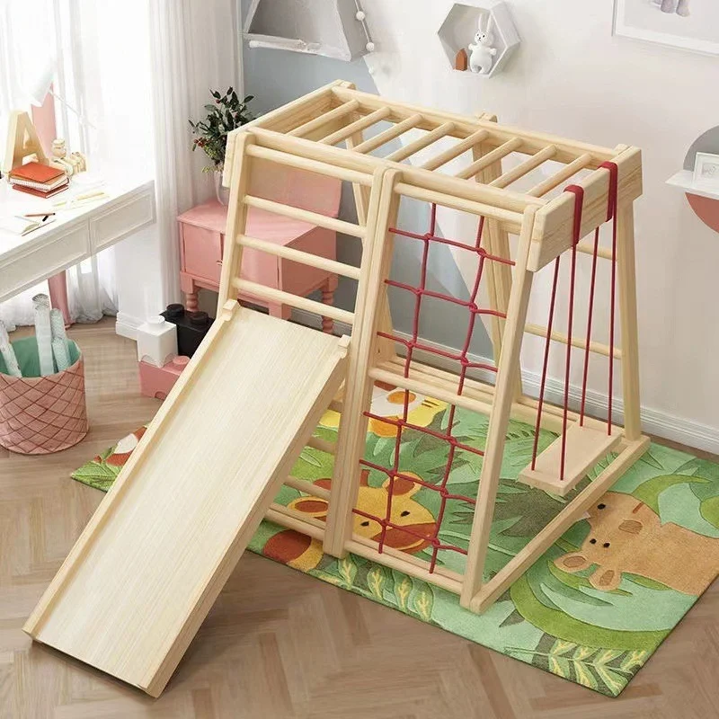 

Solid wood indoor climbing frame with swing and slide toys