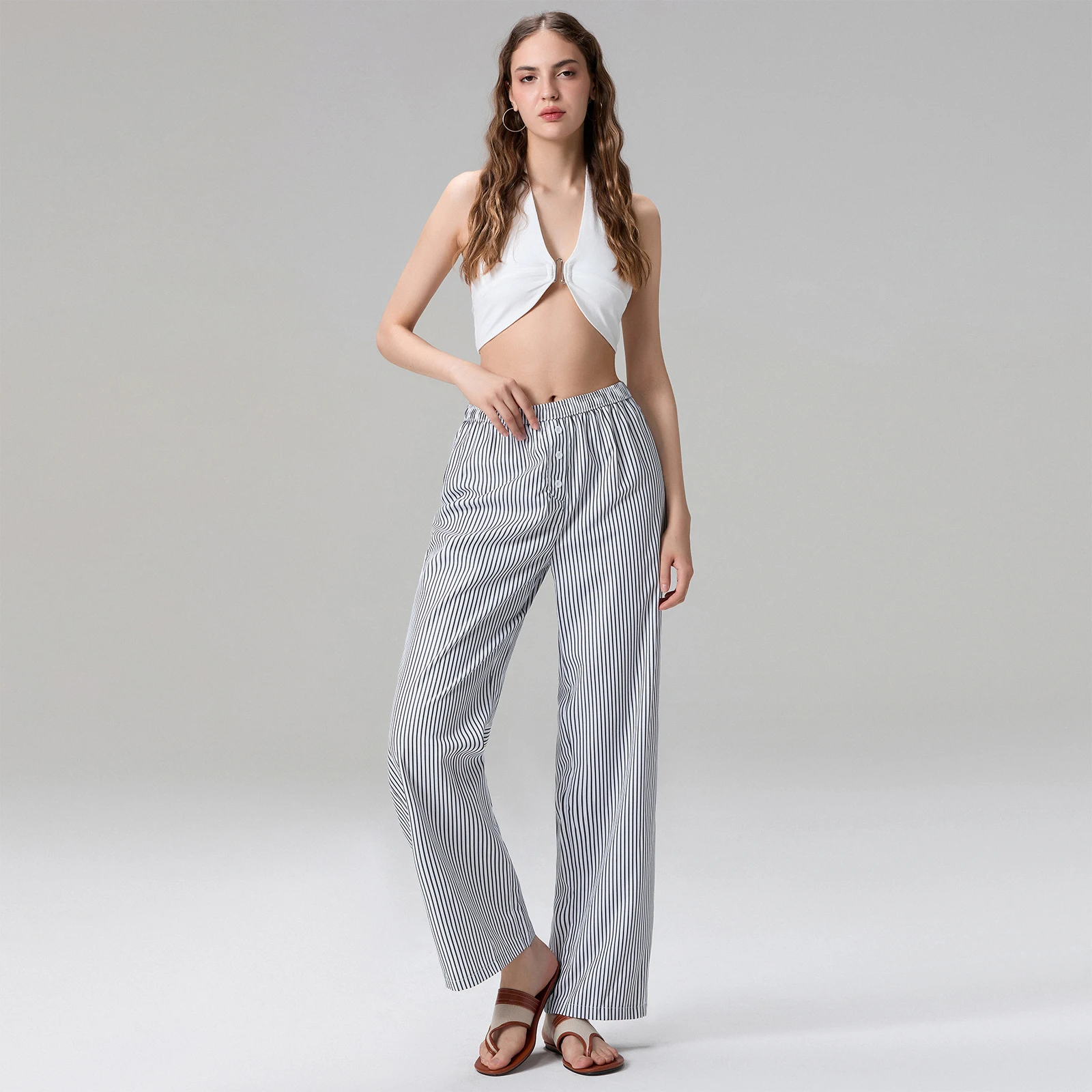 Women Elastic Waist Striped Lounge Pants Summer Autumn Loose Casual Long Sleep Bottoms for Pajamas Sleepwear