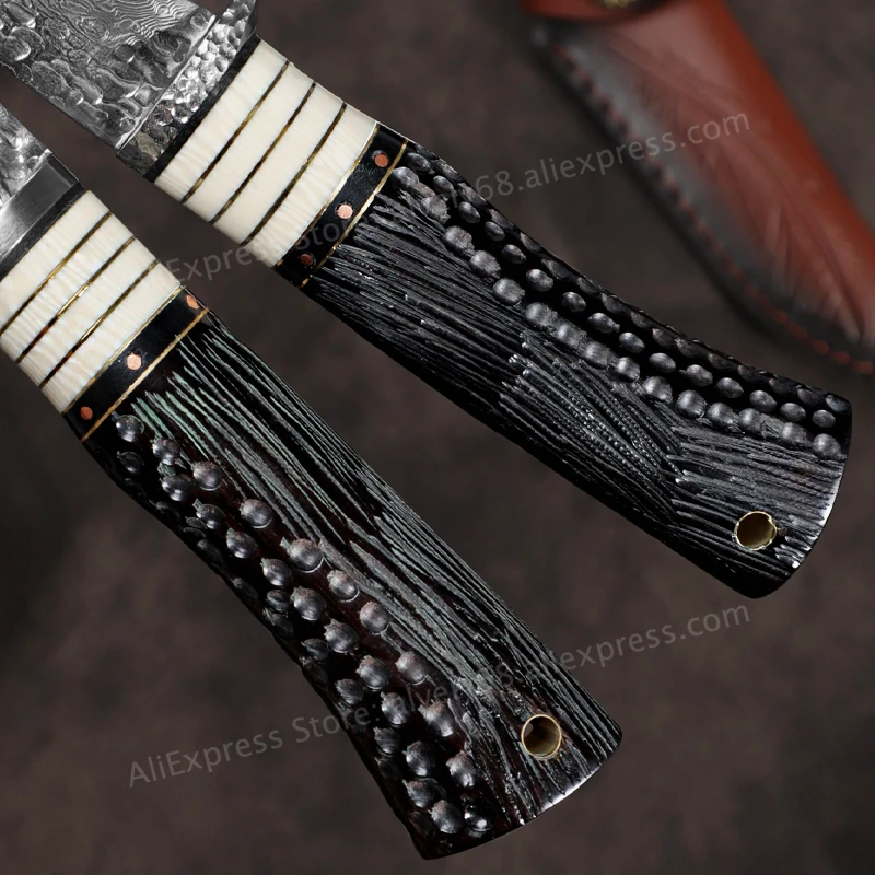 VG10 Damascus Steel Fixed-Blade Knife, Ebony Handle with Leather Sheath, Outdoor Camping and Survival EDC Utility Knife view 4