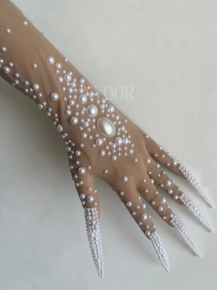 Luxury White Pearls Women Gloves Evening Party Club Wear Drag Queen Show Sing Dance Stage Performance Costume Photoshoot Gloves