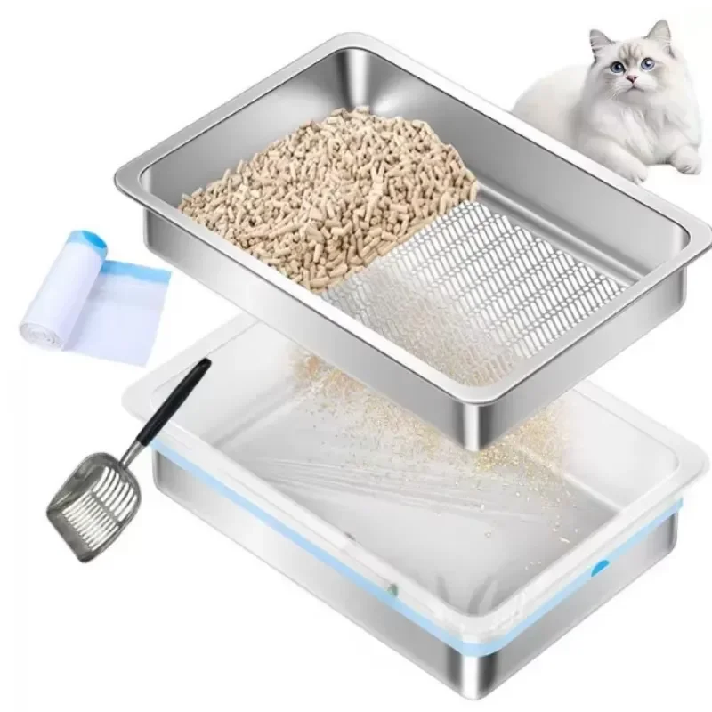Large Stainless Steel Double Layer Cat Litter Box Sifting Waste Separation Pet Pan with Scoop Easy Clean Hygienic for Indoor